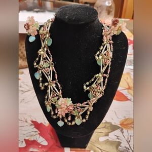 Floral Beaded Necklace with Pink and Green Accents and Matching Earrings